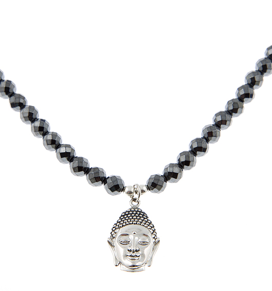 Peace Love & Compassion Sterling Silver Buddha Head Guru Charm Necklace in Haemetite